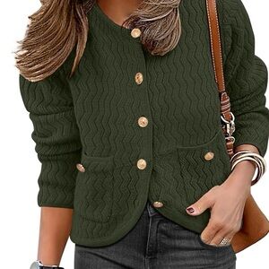 Button-Front Olive Green Knit Cardigan Sweater